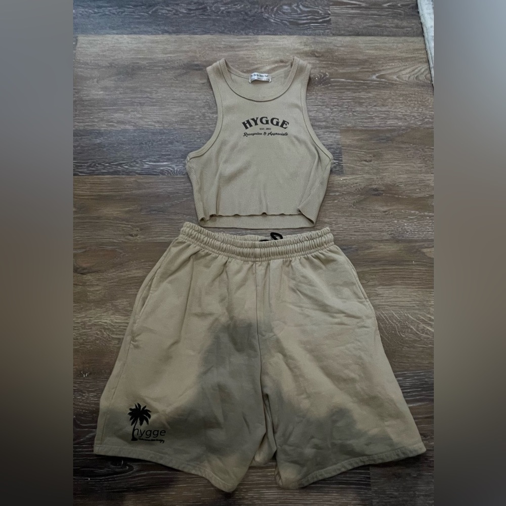 Beige/tan Hygge (small business) matching set (long shorts and high-neck tank)